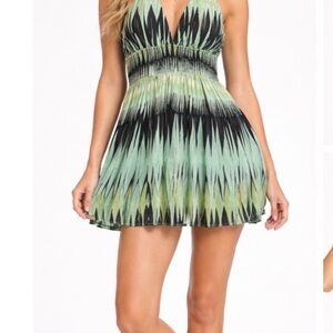 Free People XS Boho Halter Mini Dress Green Abstract Print Smocked Waist